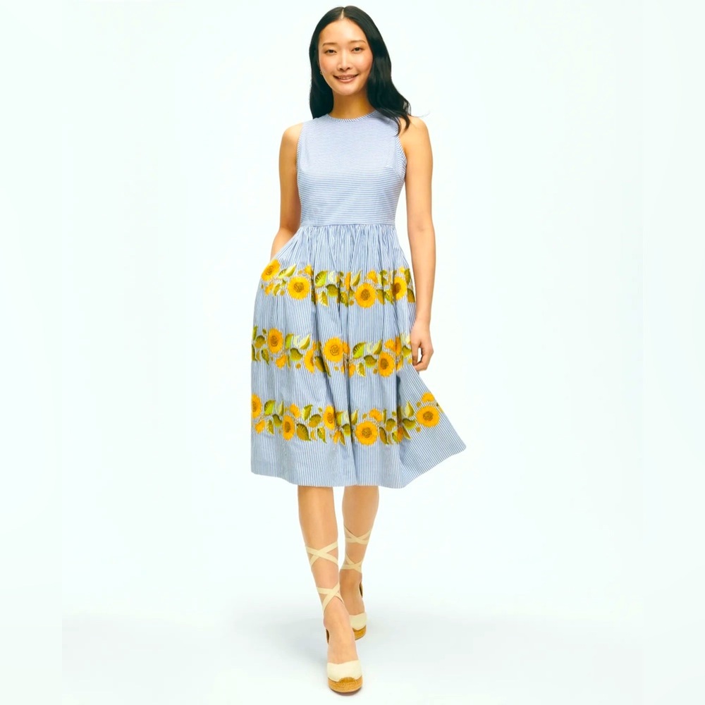 Brooks Brothers Sunflower Embroidered Striped Fit-And-Flare Dress NWT